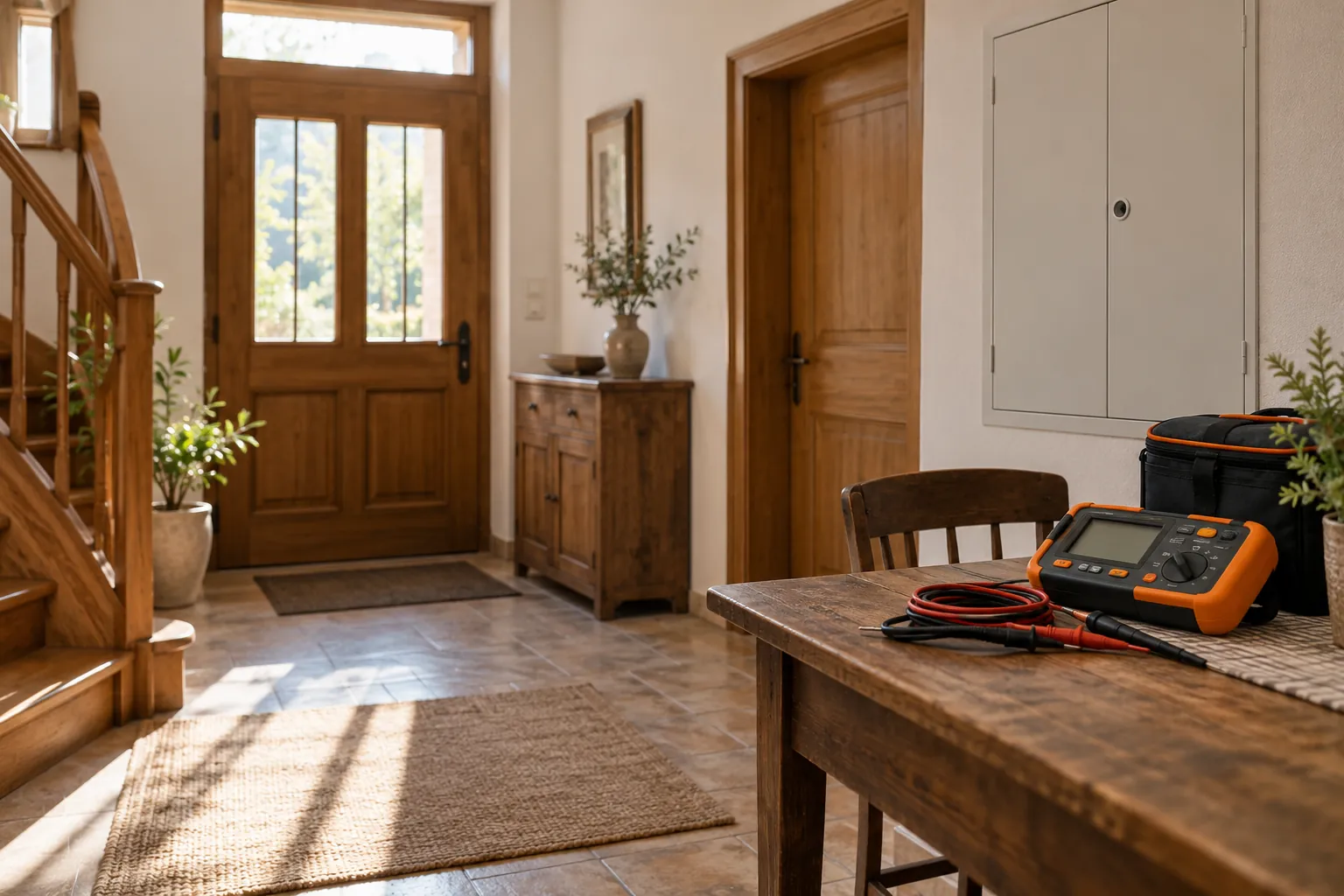 Messgerät im Eingangsbereich eines älteren Hauses mit Holztüren
