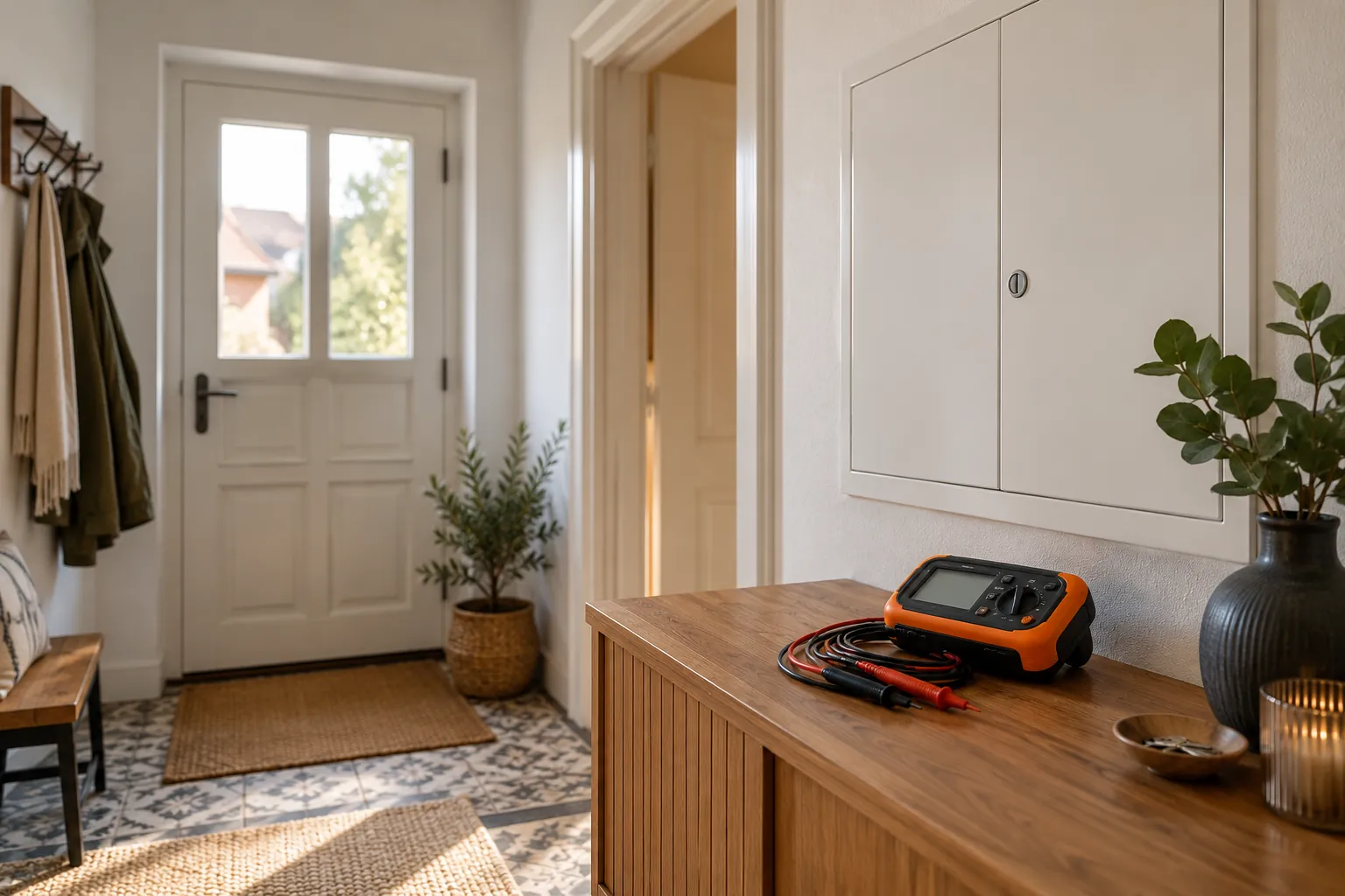 Orangefarbenes Messgerät auf einer Holzkonsole in einem traditionellen Wohnhaus