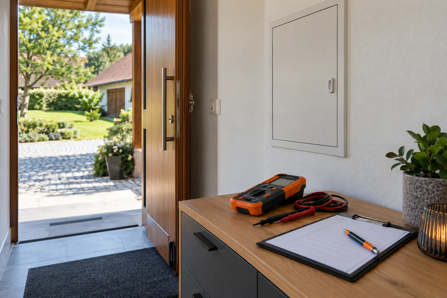 Prüfgerät und Checkliste im Hauseingang mit Blick in einen grünen Innenhof