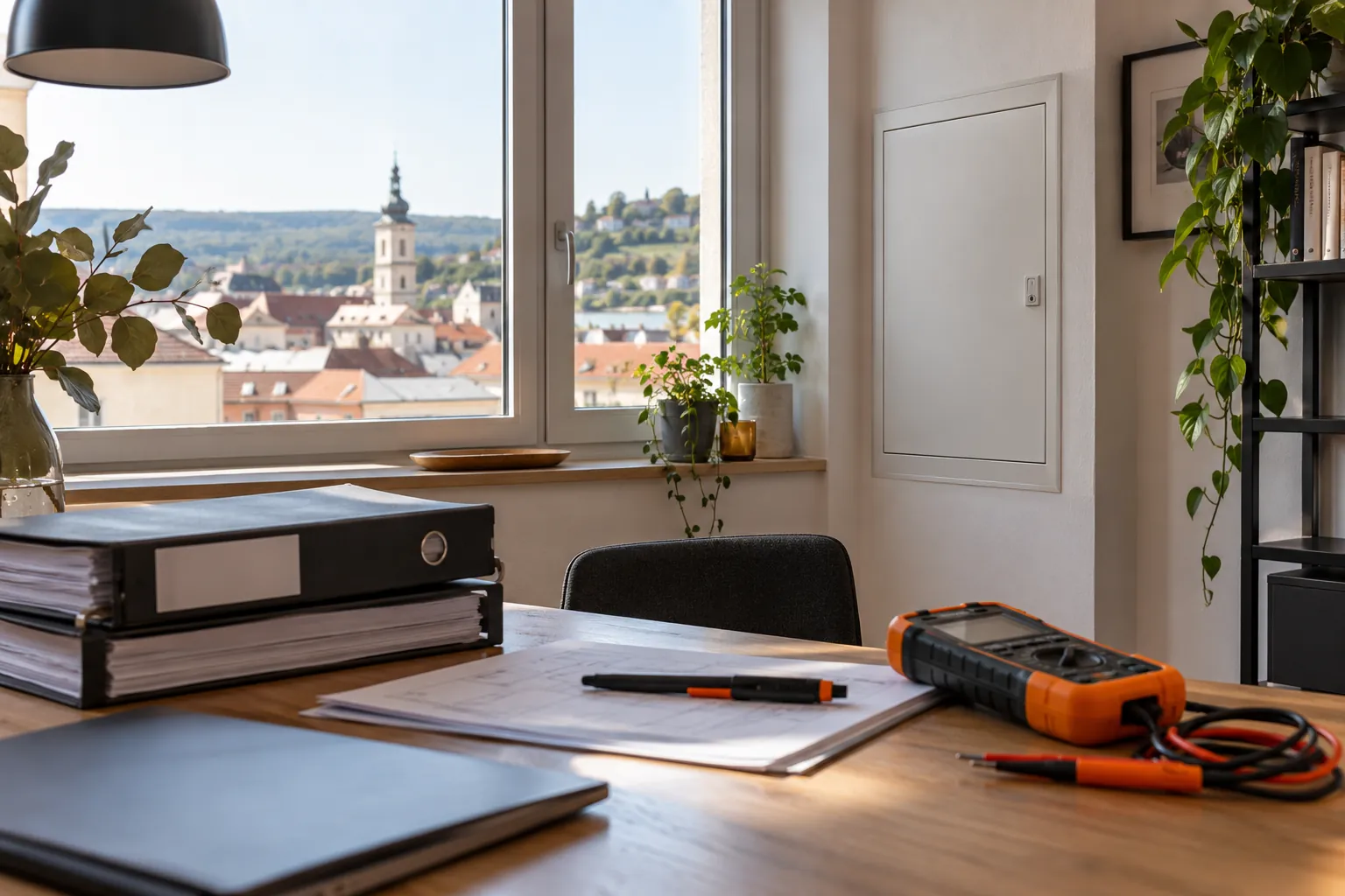 Prüfgerät und Dokumentenmappen im Arbeitszimmer einer Stadtwohnung