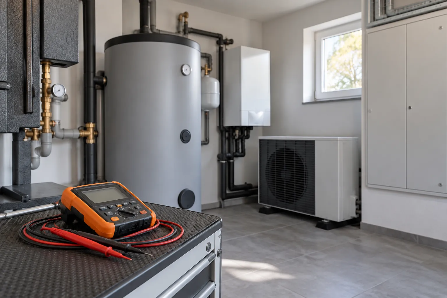 Elektro-Prüfgerät im Technikraum neben geschlossener Verteilung und Heiztechnik