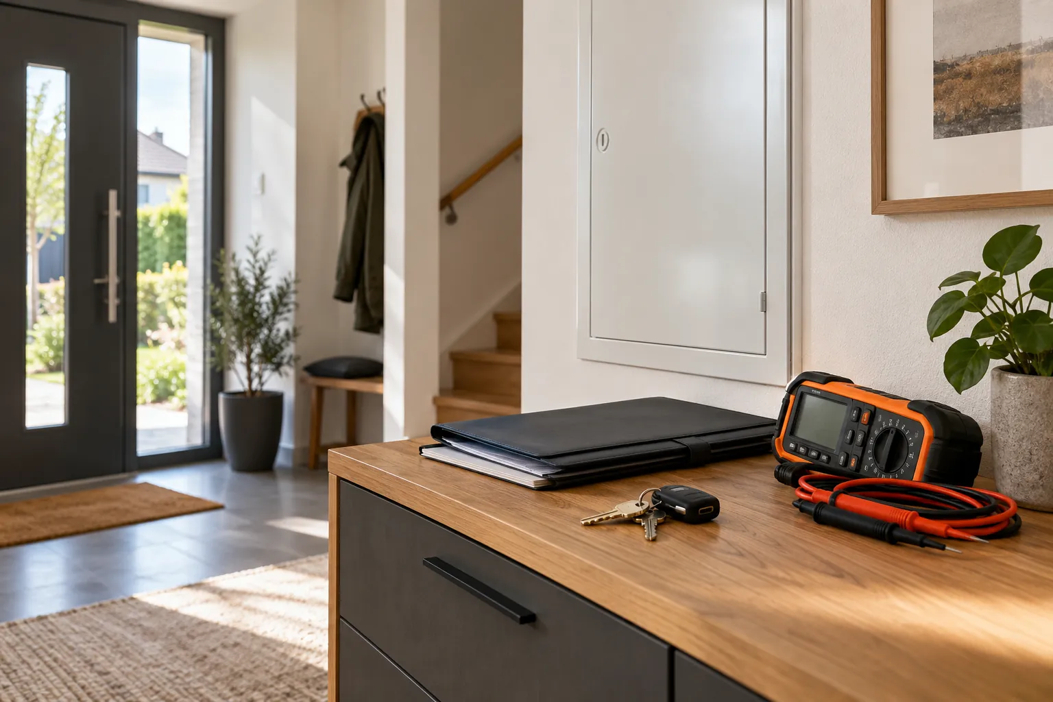 Prüfgerät, Schlüssel und Dokumentenmappen im Eingangsbereich eines Hauses