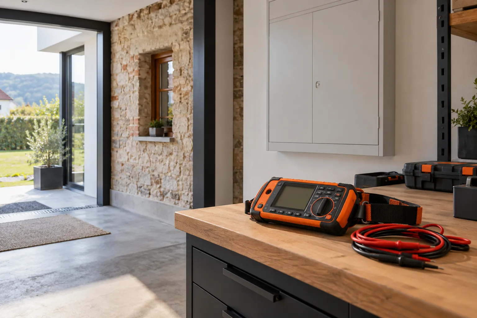 Prüfgerät im Flur eines älteren Hauses mit modernem Anbau
