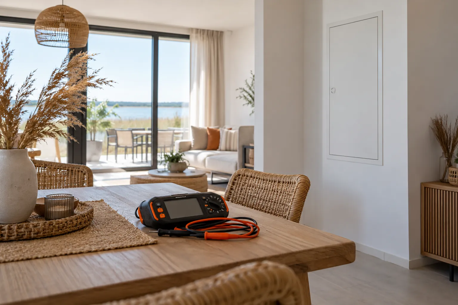 Elektro-Prüfgerät in einer hellen Ferienwohnung mit natürlichen Materialien