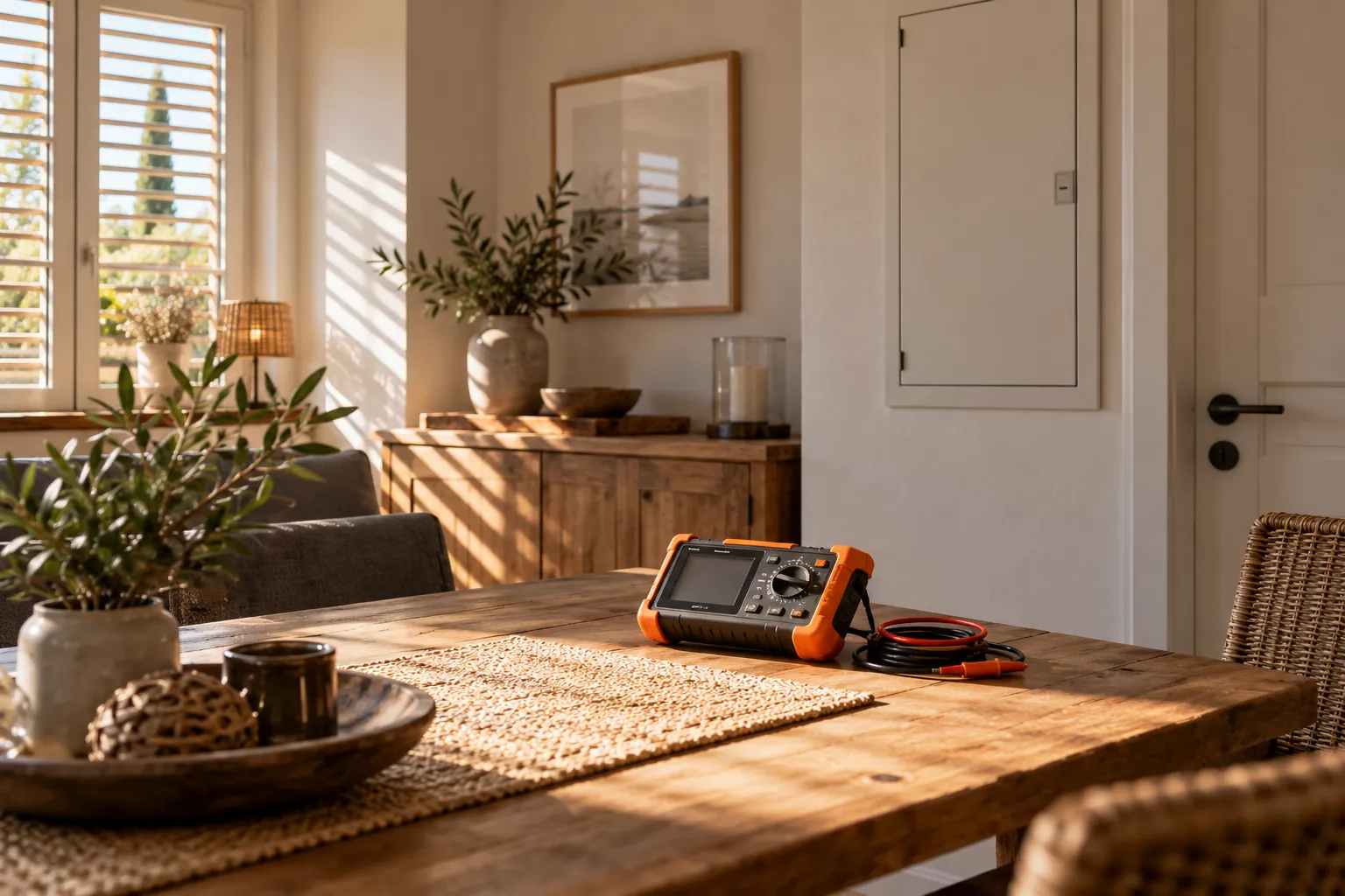Elektro-Prüfgerät im sonnigen Essbereich eines zeitweise genutzten Hauses