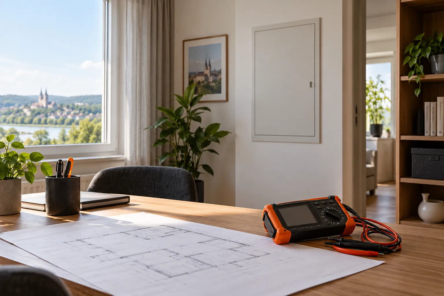 Elektro-Prüfgerät neben einem Grundriss im hellen Arbeitszimmer