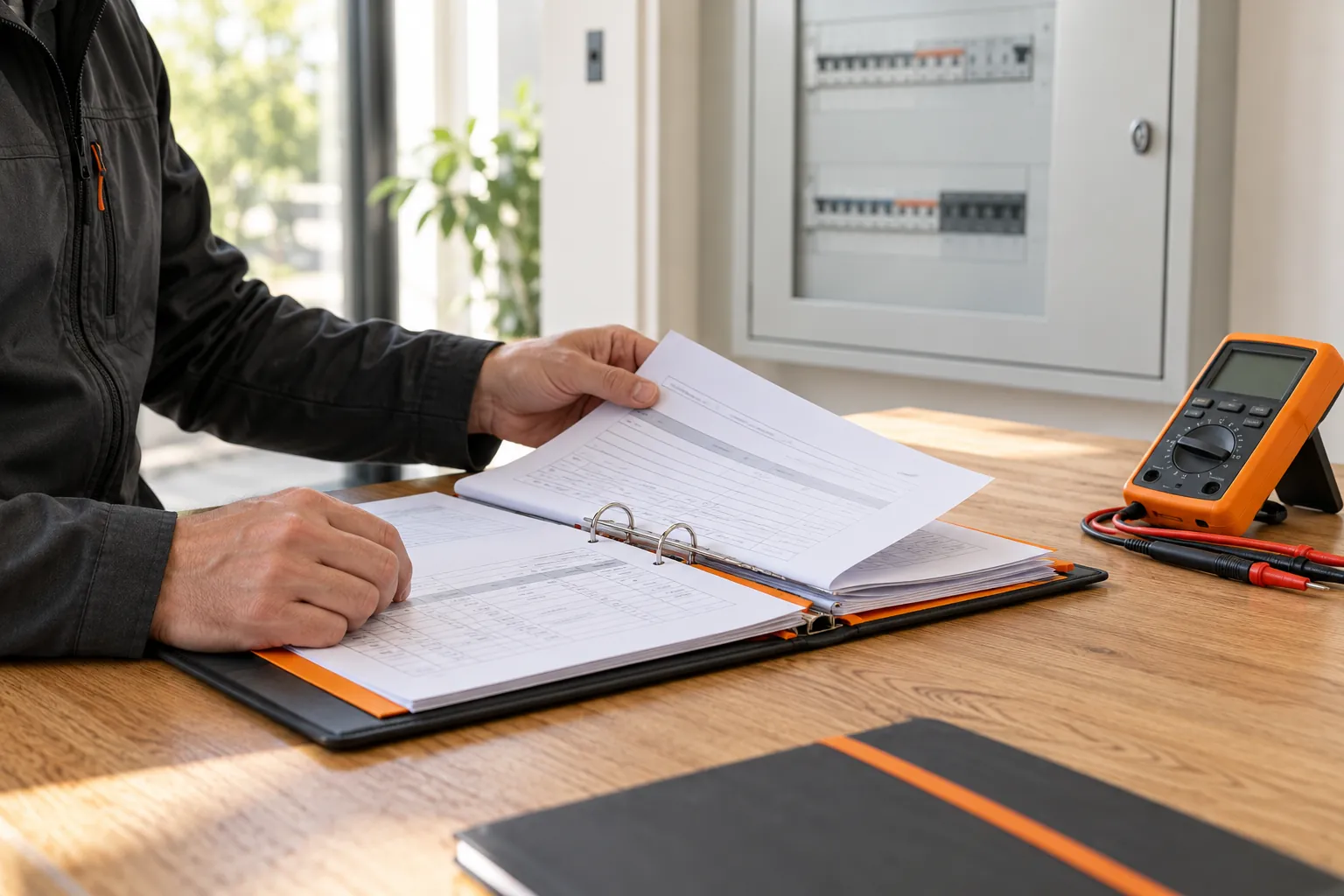 Elektro-Prüfgerät neben einer geordneten Dokumentenmappe auf dem Schreibtisch