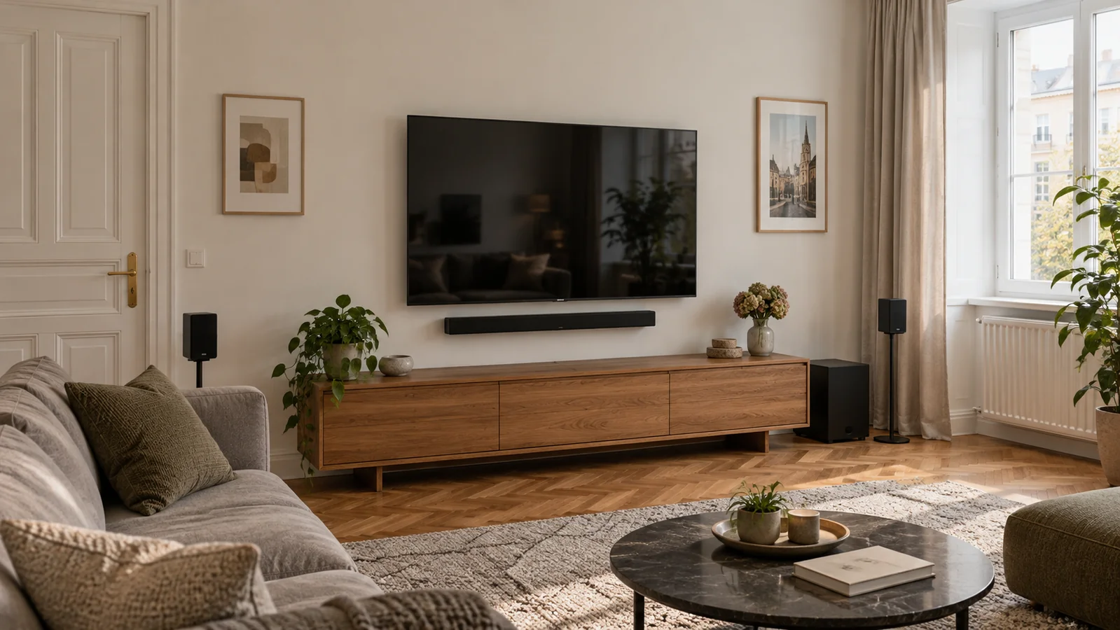 Planungsbeispiel eines Wohnzimmers mit montiertem Fernseher und Soundsystem