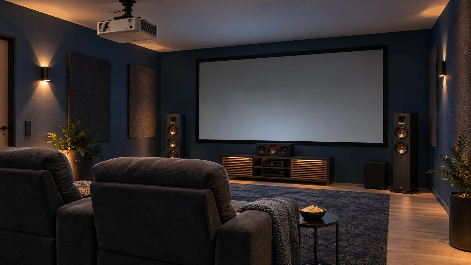 Planungsbeispiel eines Heimkinos mit Beamer, Leinwand und Lautsprechern