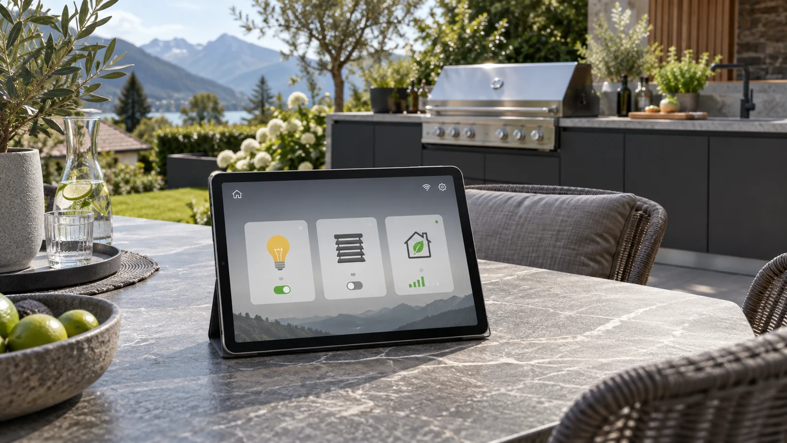 KI-Planungsbild eines Tablets mit schematischem Smart-Home-Dashboard neben einer Outdoor-Küche