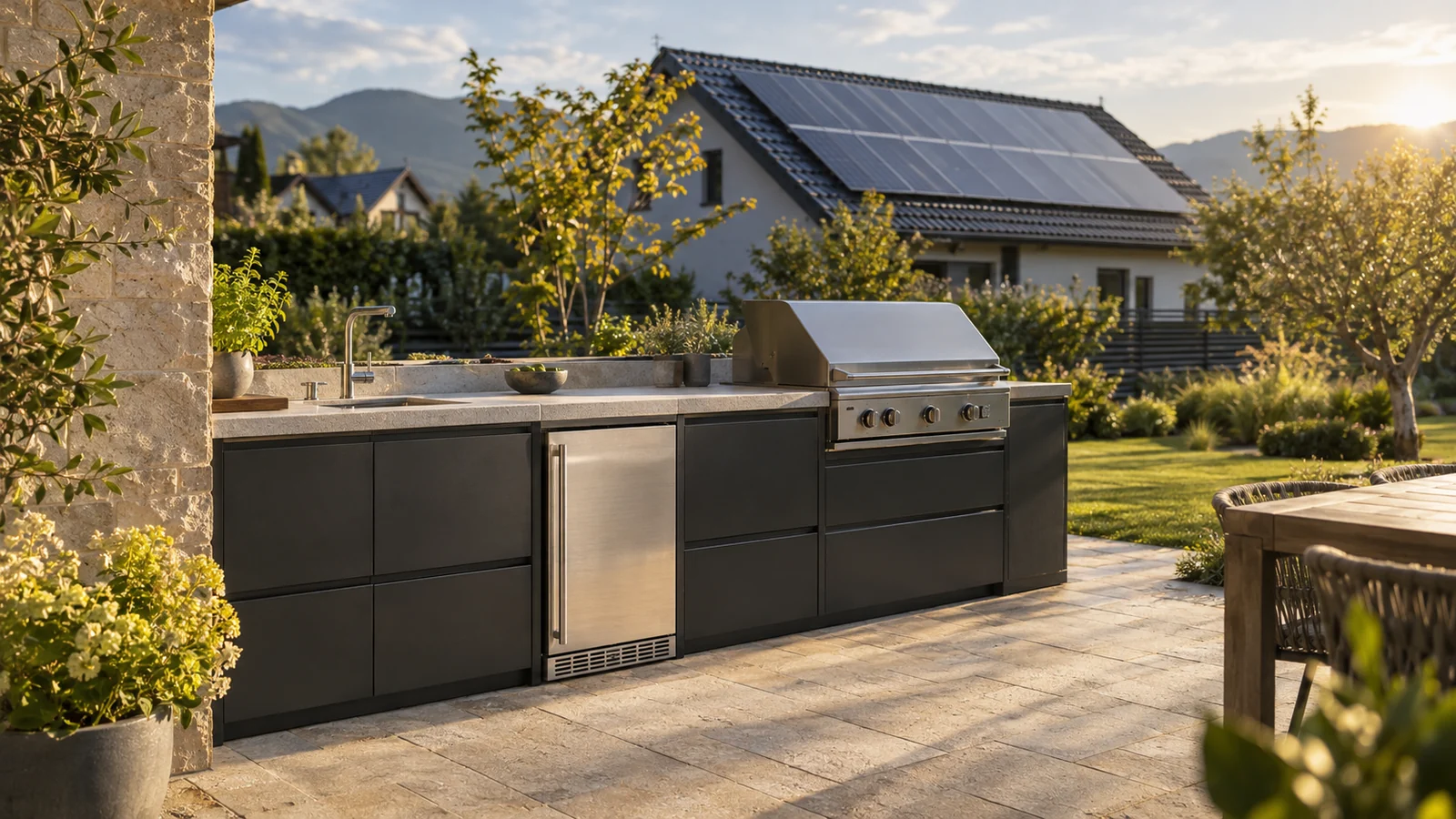 KI-Planungsbild einer Outdoor-Küche mit Kühlmodul und Photovoltaik auf einem benachbarten Hausdach
