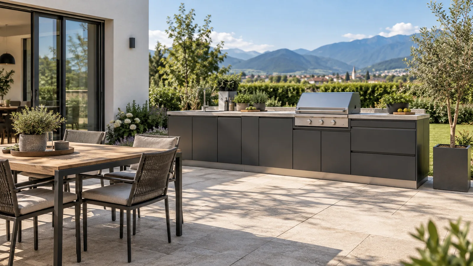 KI-Planungsbild einer frei gewählten modularen Outdoor-Küche auf einer offenen Gartenterrasse