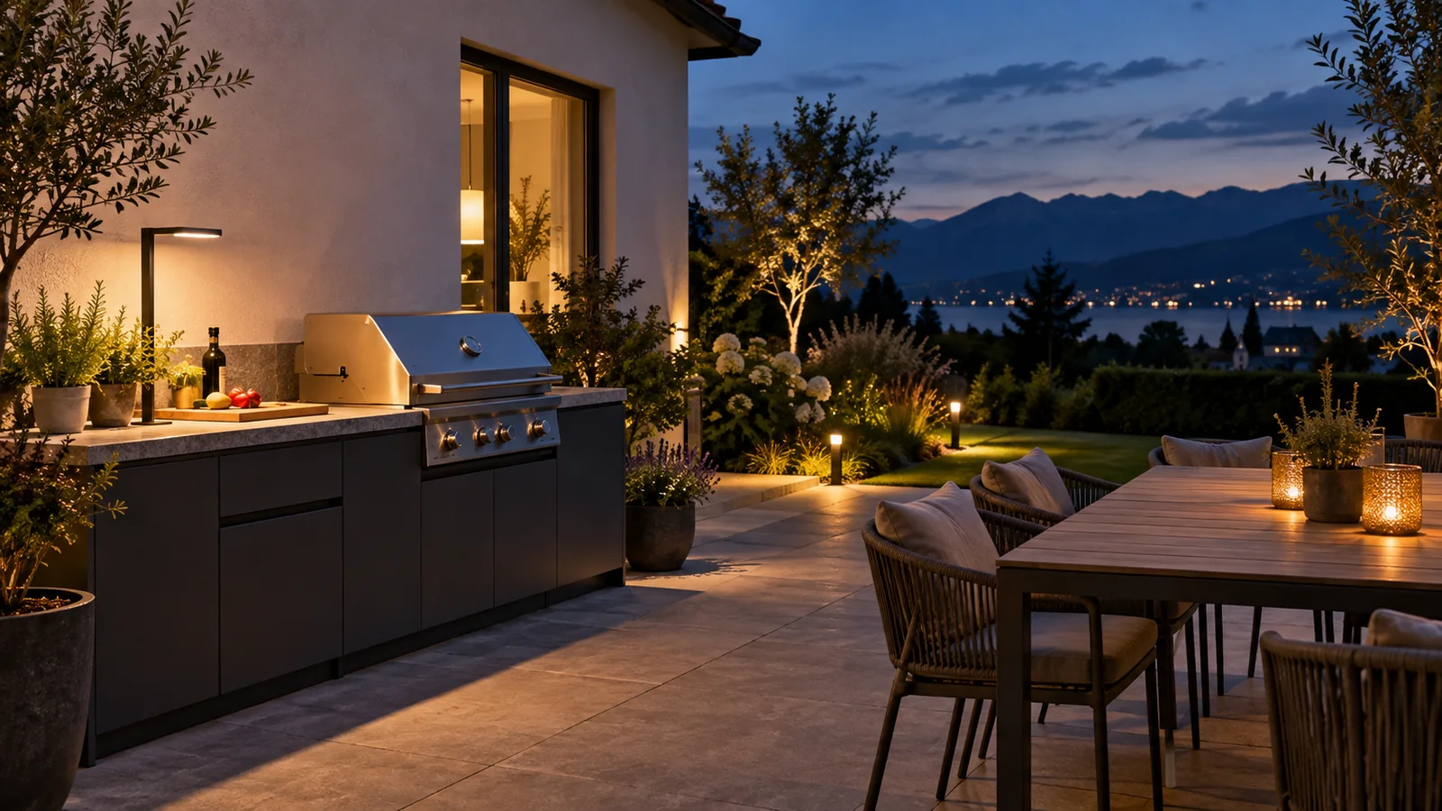 KI-Planungsbild einer Outdoor-Küche am Abend mit warmer Arbeits-, Tisch- und Gartenbeleuchtung