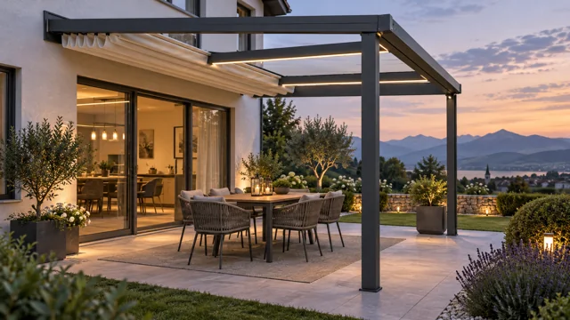 KI-Anwendungsidee: Terrasse mit textilem Pergoladach als Anwendungsidee. Keine exakte Modellabbildung.