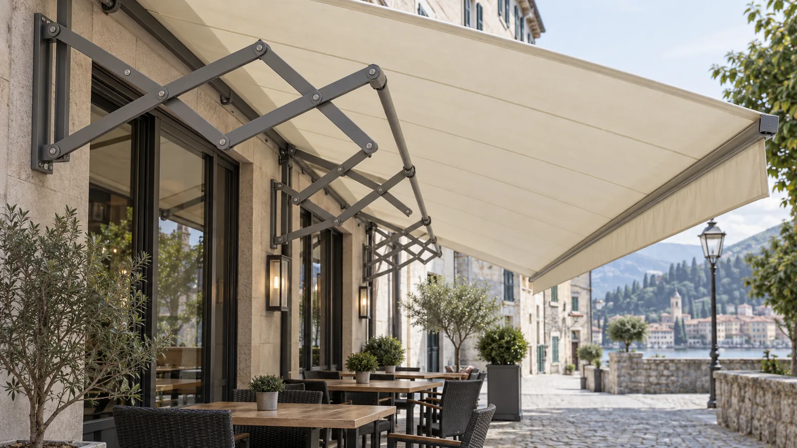 Planungsillustration einer Markise mit Scherengestänge über einer Terrasse