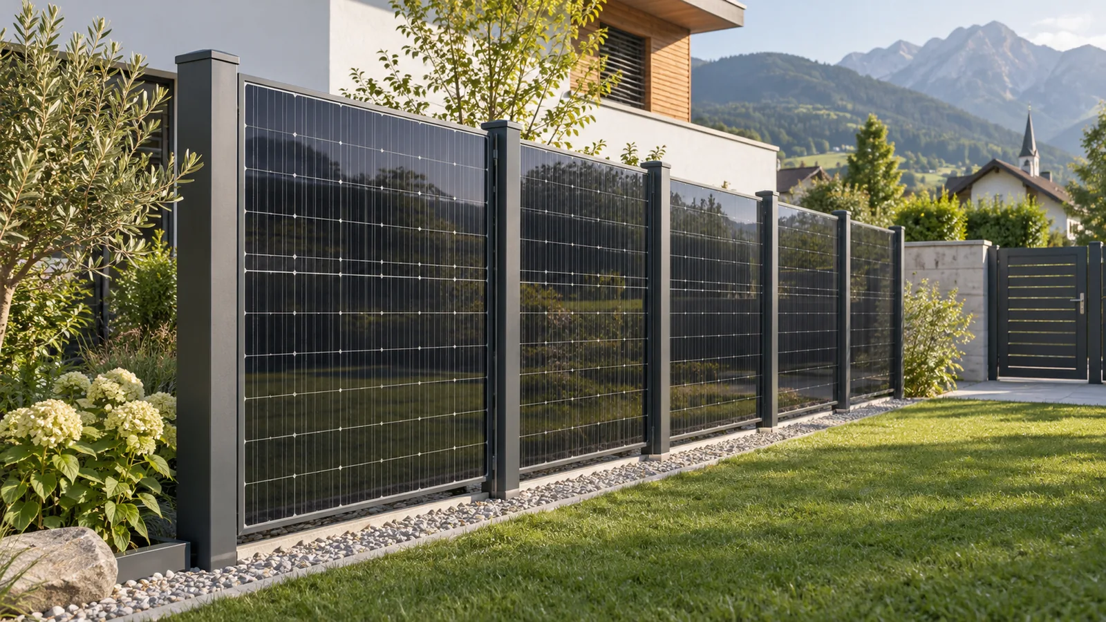 Planungsillustration eines vertikalen PV-Zauns mit Solarmodulen zwischen Metallpfosten