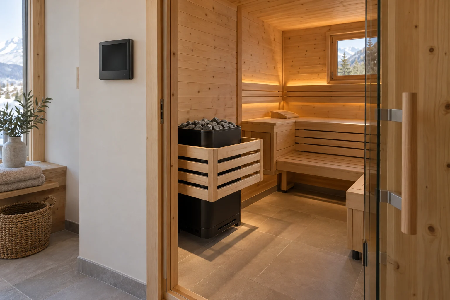 Sauna mit Saunaofen und außenliegender Bedienung