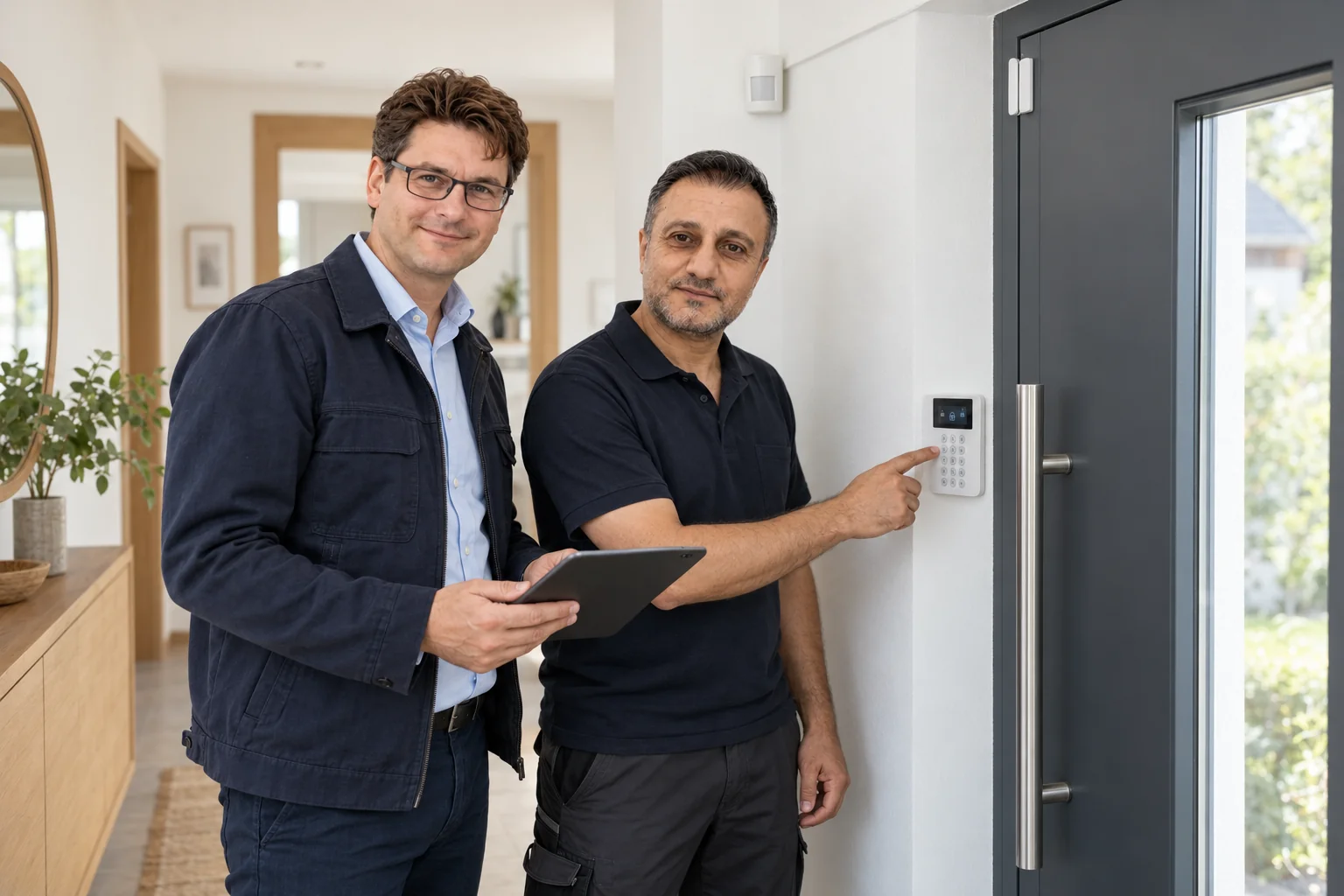 Christian und Hamza erklären die Bedienung einer Alarmanlage im Eingangsbereich