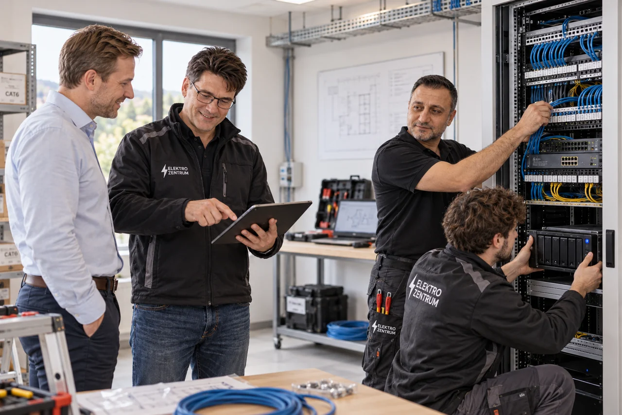 Christian bespricht die Netzwerktechnik, Hamza und das Team arbeiten am Netzwerkschrank