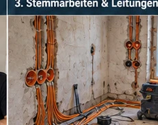 Verlegte Elektroinstallationsrohre und Dosen in einer geöffneten Wand
