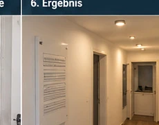 Fertig ausgebauter Flur mit eingeschalteten Deckenleuchten und Elektroanschlüssen
