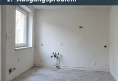 Leerer Küchenraum mit vorbereiteten Wasser- und Elektroanschlüssen