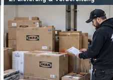 Küchenbauteile und Kartons werden für die Montage vorbereitet