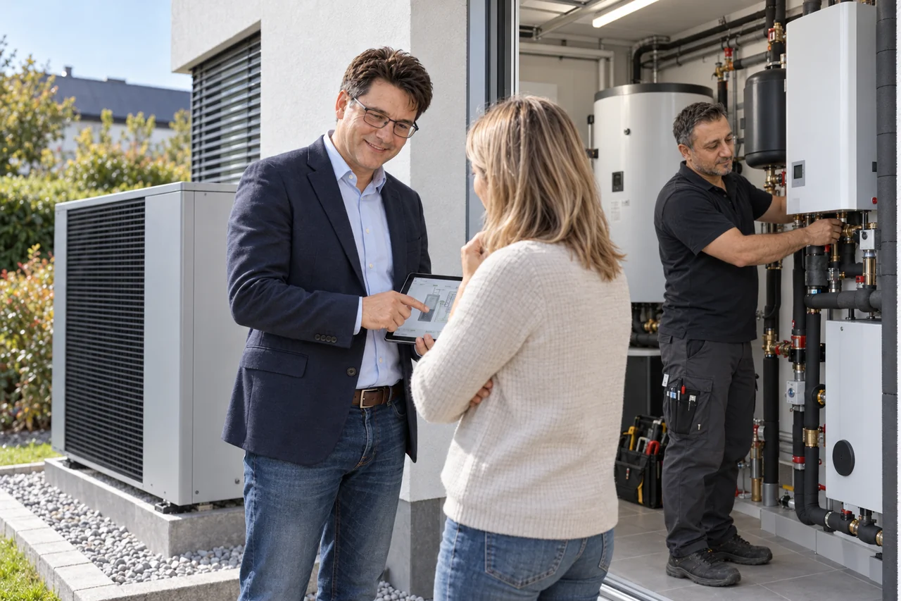 Beratung zur Wärmepumpe mit Außen- und Inneneinheit am Haus