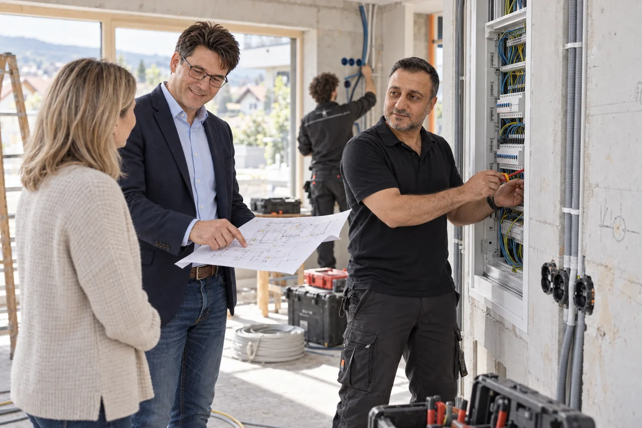 Besprechung von Bauplänen und Elektroinstallation im Rohbau