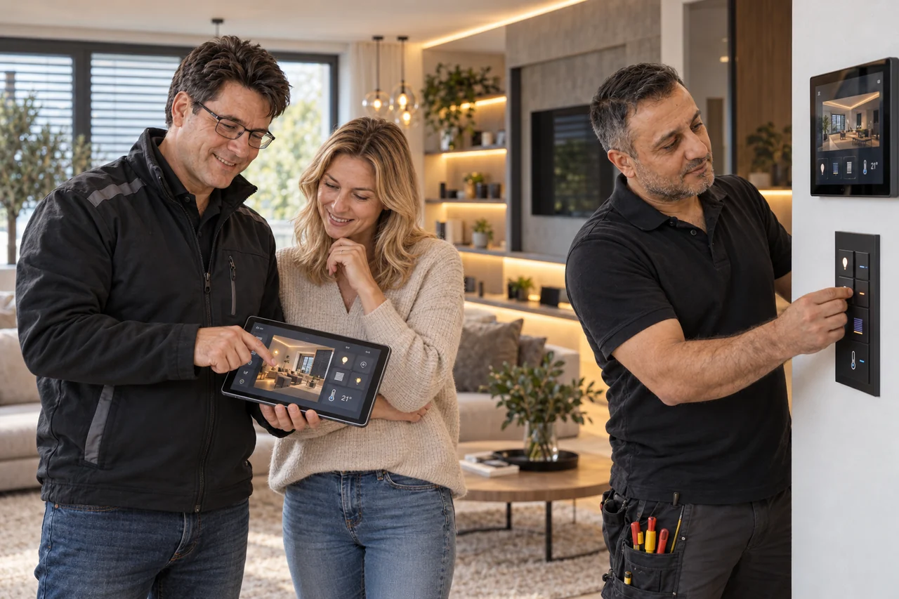 Smart-Home-Beratung am Tablet und Einstellung eines Wandbedienelements