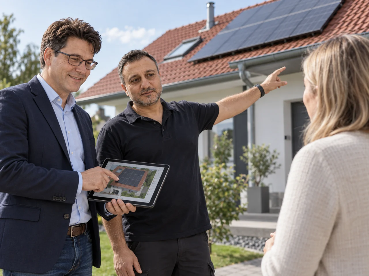 Beratung zur Photovoltaikanlage vor einem Haus mit Solarmodulen