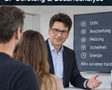 Beratung zu Smart-Home-Funktionen vor einer Übersicht zu Licht und Beschattung