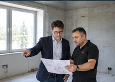 Besprechung der Raumaufteilung anhand eines Plans im noch leeren Raum