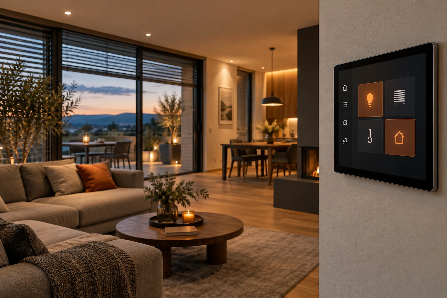 KI-Visualisierung eines Wohnraums mit zentraler Smart-Home-Bedienung, Licht und Beschattung
