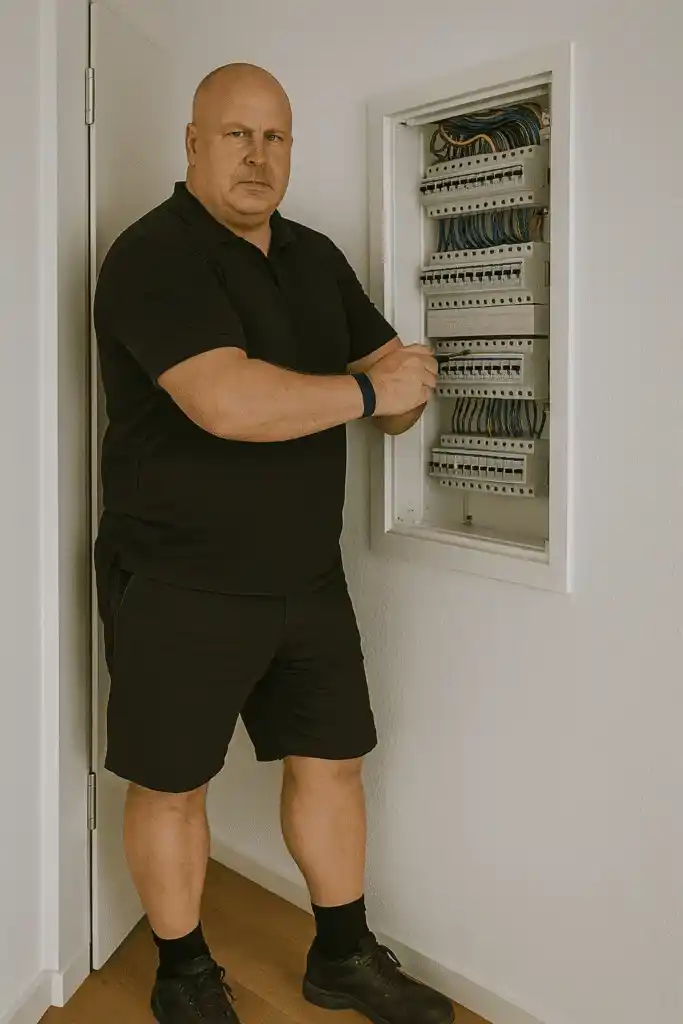 Inhaber des Elektro Zentrums inspiziert Schalttafel