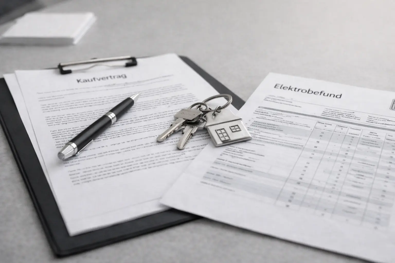 Kaufvertrag und Elektrobefund liegen neben Hausschlüsseln und einem Stift auf einem Tisch als Symbol für rechtliche Verantwortung beim Immobilienverkauf.
