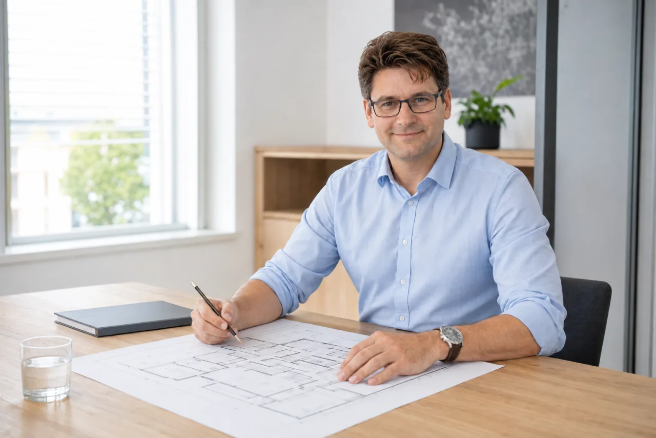 Christian Klaghofer bei der Planung am Grundriss