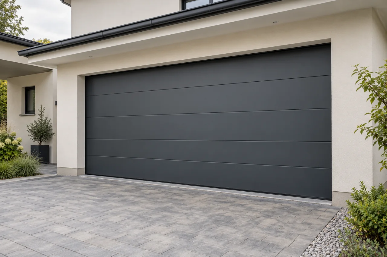 Anthrazitfarbenes Sektionaltor an einer Garage mit gepflasterter Einfahrt