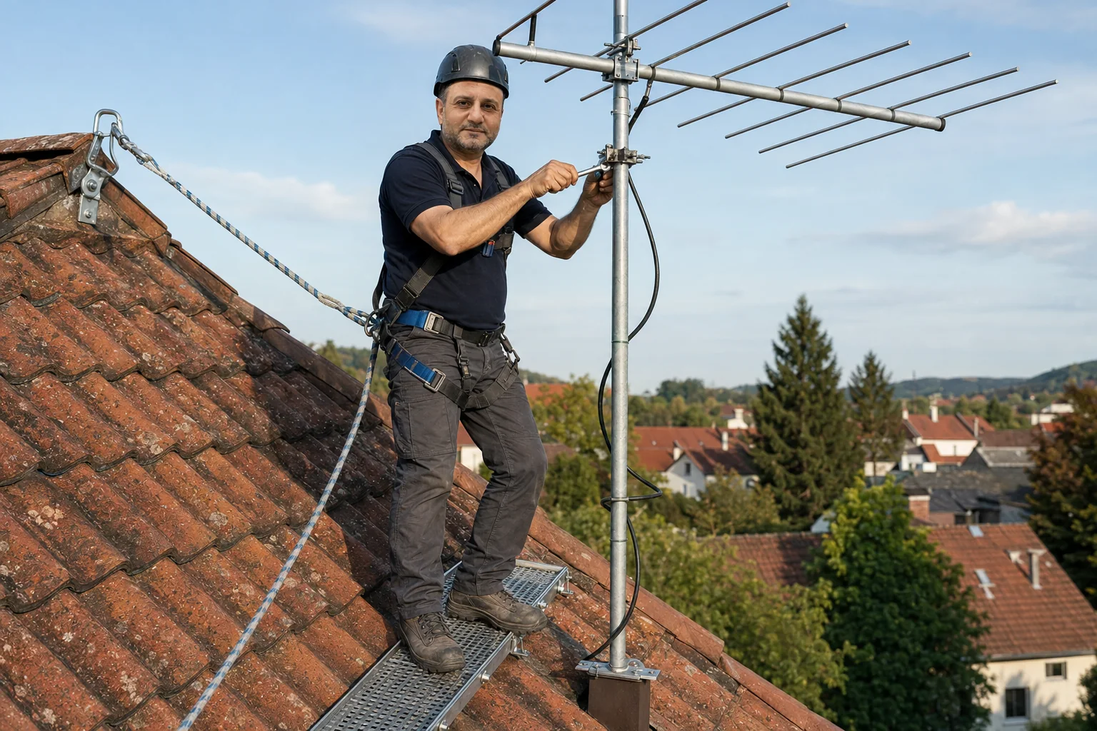 KI-Visualisierung: Hamza Aslan repariert eine Fernsehantenne auf dem Dach eines Wohnhauses