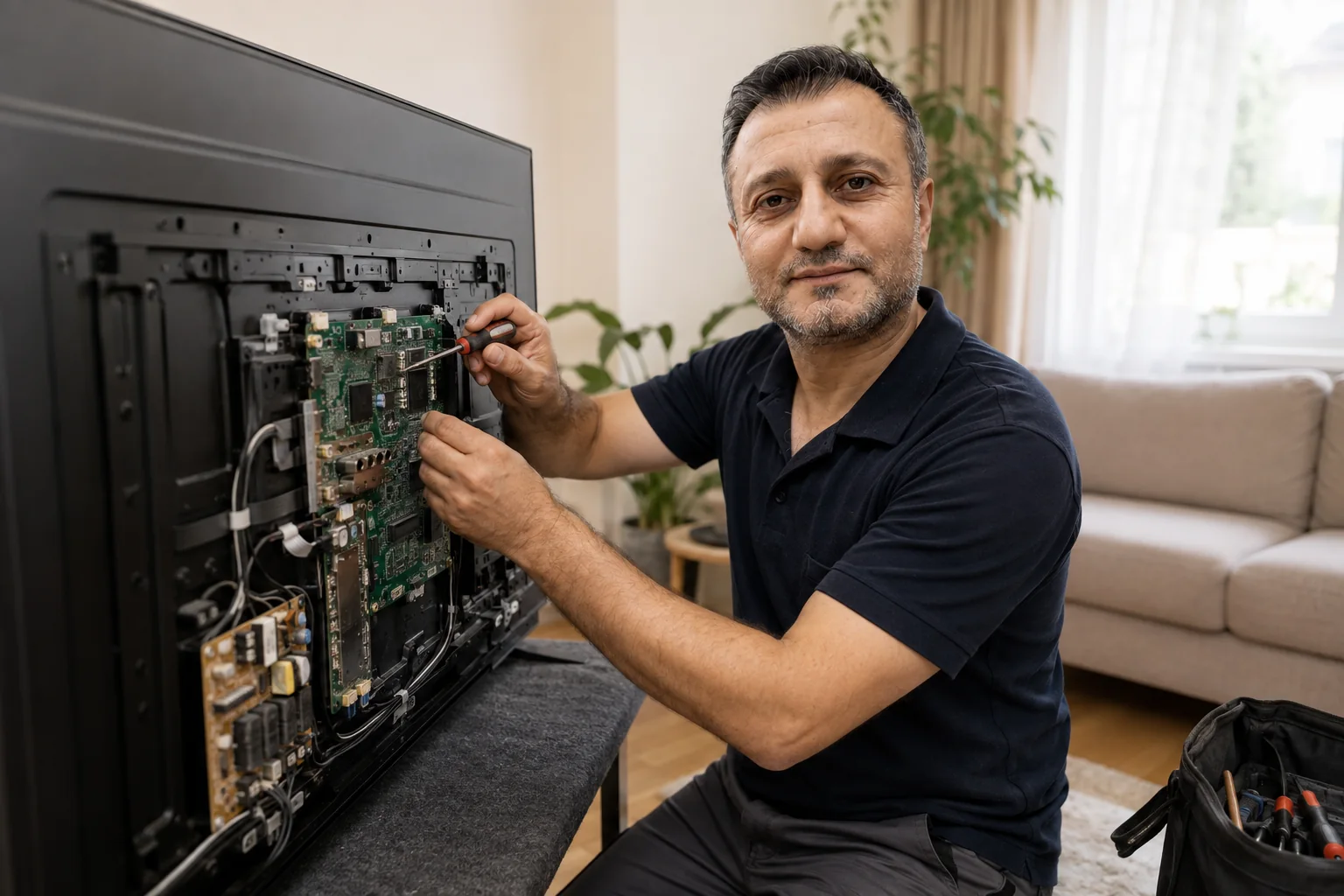 KI-Visualisierung: Hamza Aslan repariert einen Fernseher bei einem Kunden zu Hause