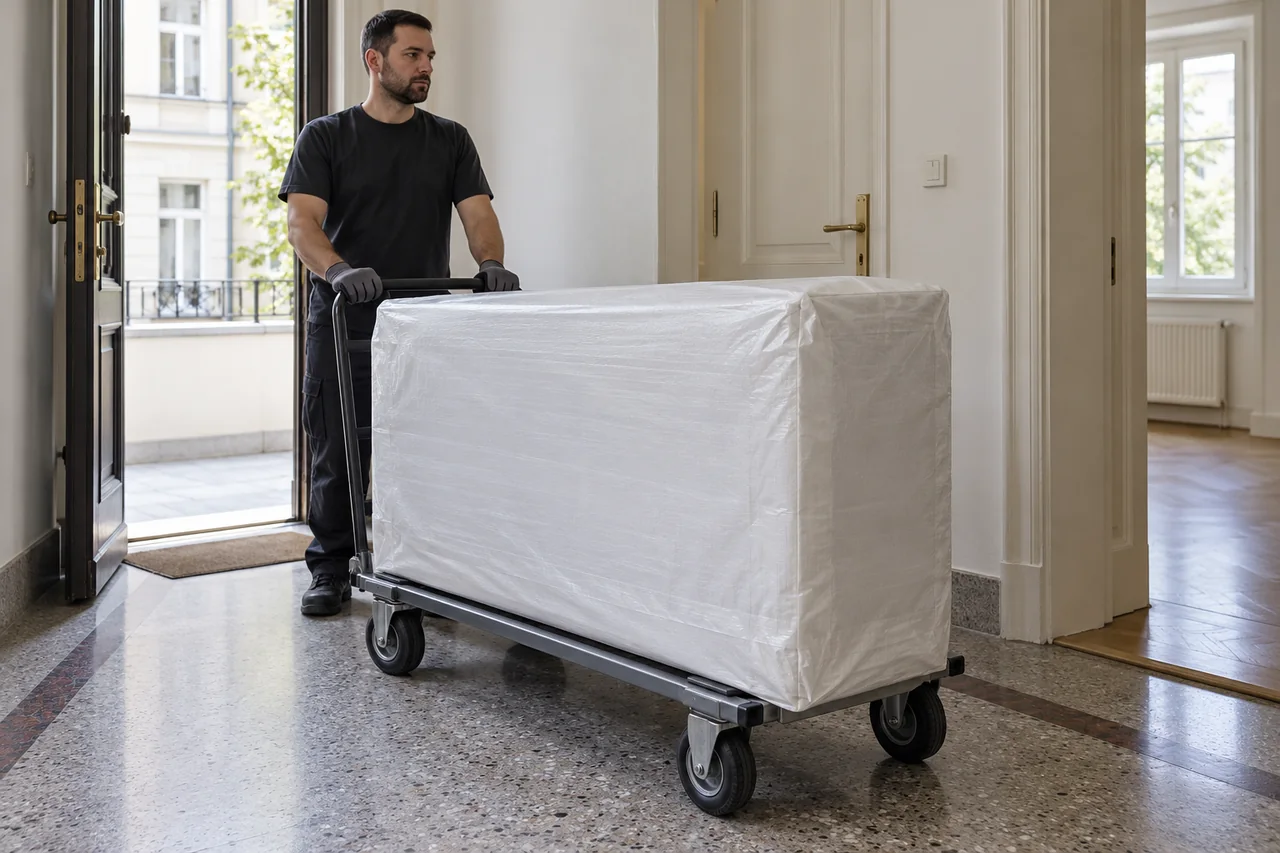 Geschlossenes und vollständig verpacktes Altgerät auf einem Transportwagen