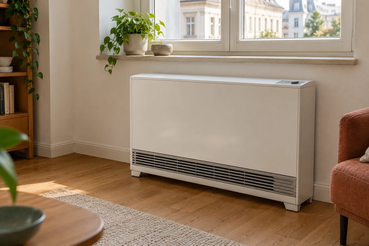Weißer Nachtspeicherofen unter einem Fenster im Wohnraum