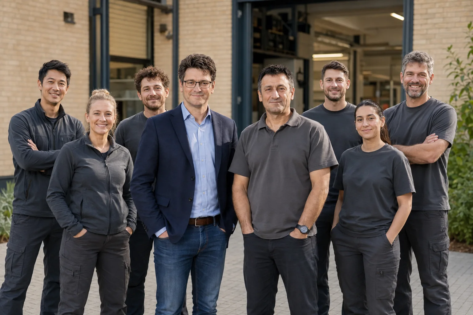 KI-Teamvisualisierung mit Christian Klaghofer, Hamza Aslan und sechs neu gestalteten Personen in einer Werkstatt