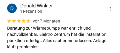 Google-Rezension von Donald Winkler: fünf Sterne; berichtet über verständliche Beratung und den Einbau einer Wärmepumpe.