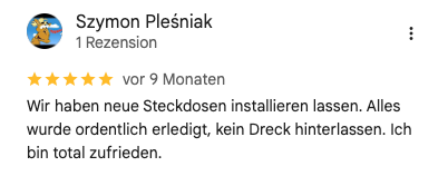 Google-Rezension von Szymon Pleśniak: fünf Sterne; berichtet über sauber installierte Steckdosen.