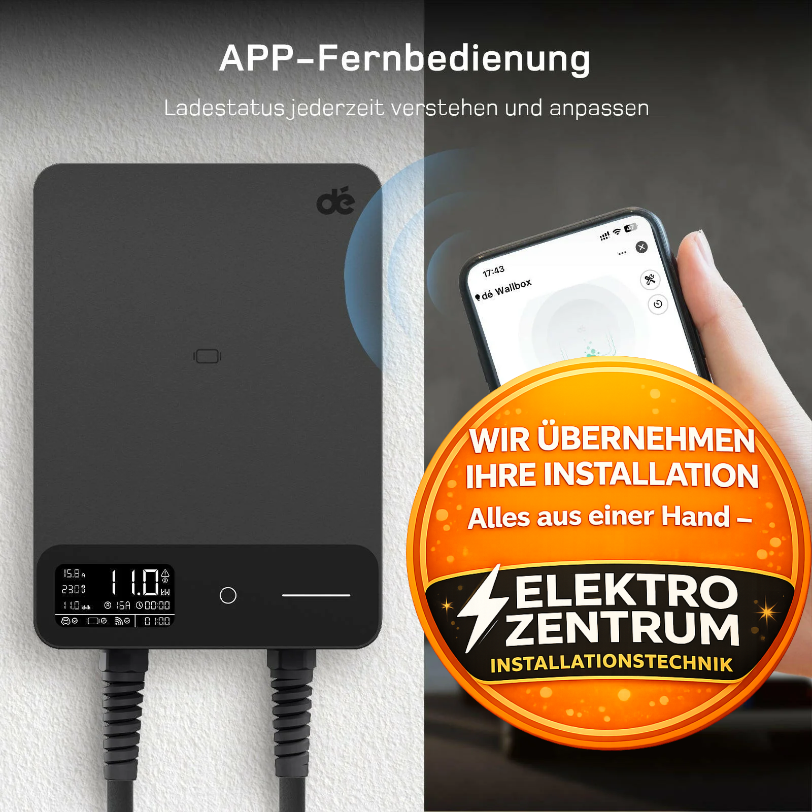 dé Wallbox 11 kW Typ 2 mit App & RFID mit 15m Ladekabel