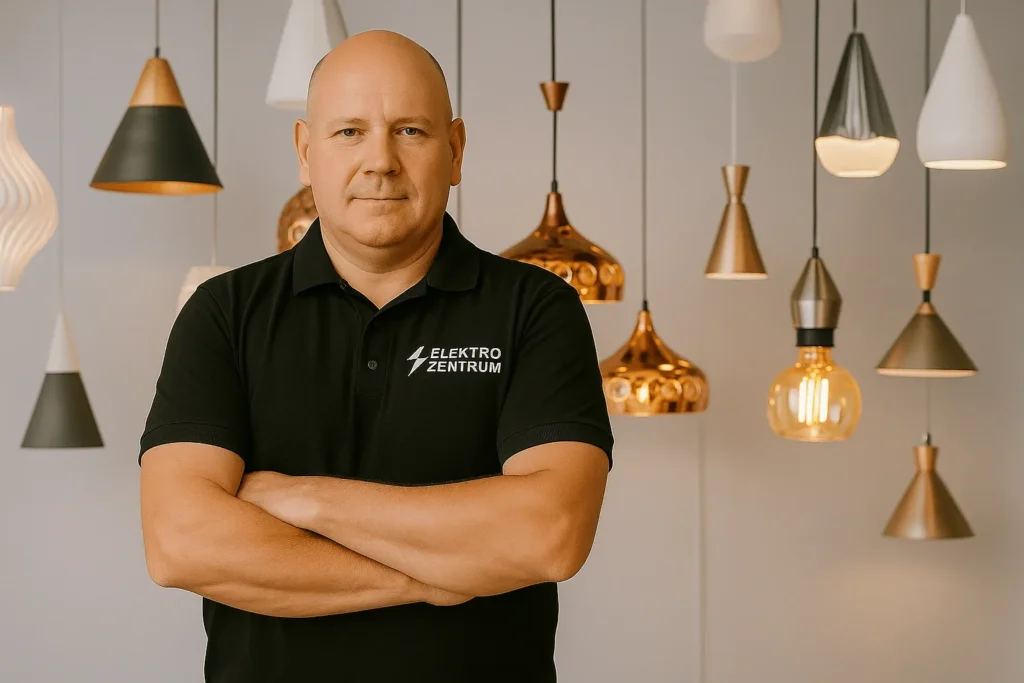 Ein Elektriker steht selbstbewusst mit verschränkten Armen vor einer Auswahl moderner Pendelleuchten.
