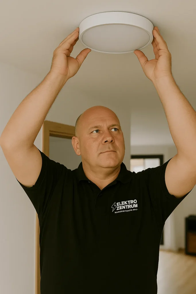 Ein Elektriker installiert eine weiße Deckenleuchte