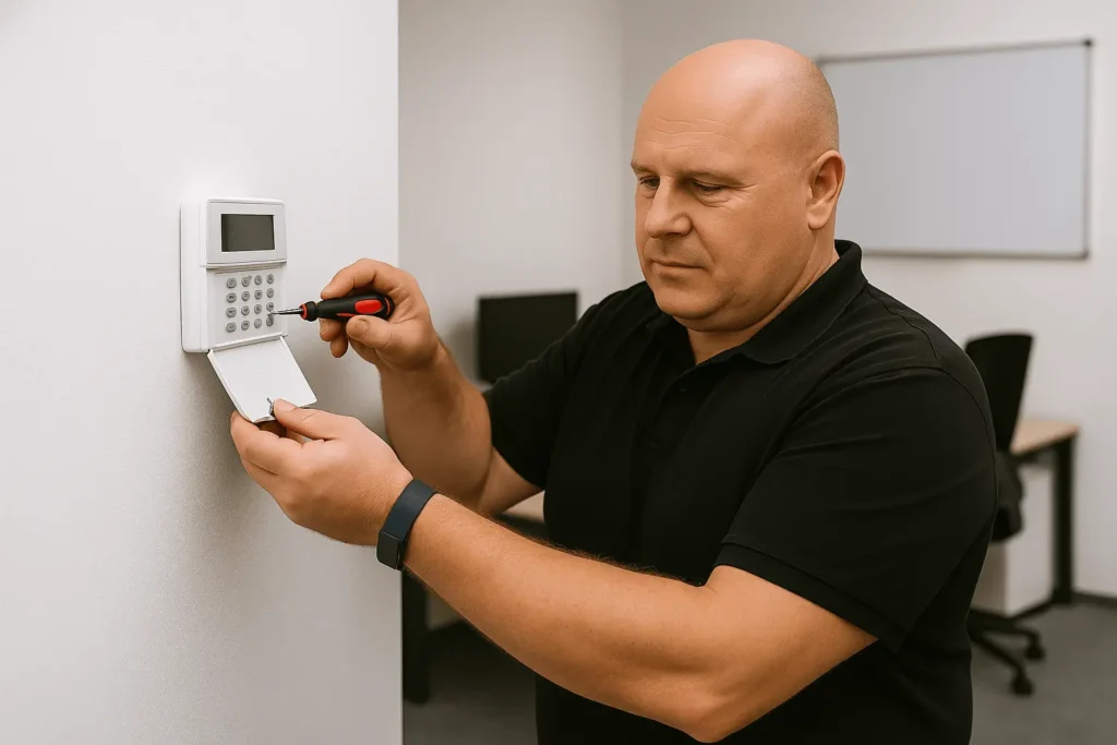 Professioneller Elektriker öffnet Sicherungskasten zur Wartung