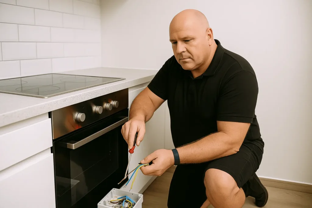 Elektriker repariert Backofen in moderner Küche. Mann kniet, hält bunte Kabel und Schraubenzieher.